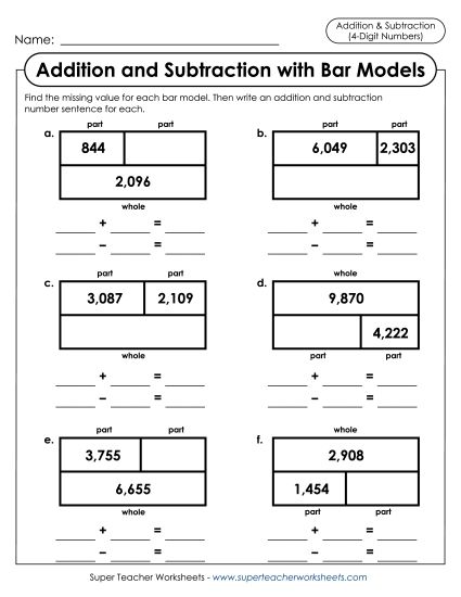 Addition & Subtraction (Mixed) - Addition Bar Models (Tape Diagrams) (Printable PDF Worksheet)