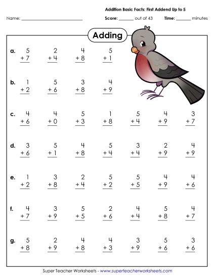 Addition Fact Drills - Addition Basic Facts (0-5) (Printable PDF Worksheet)