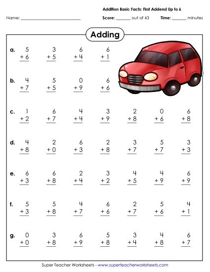 Addition Fact Drills - Addition Basic Facts (0-6) (Printable PDF Worksheet)