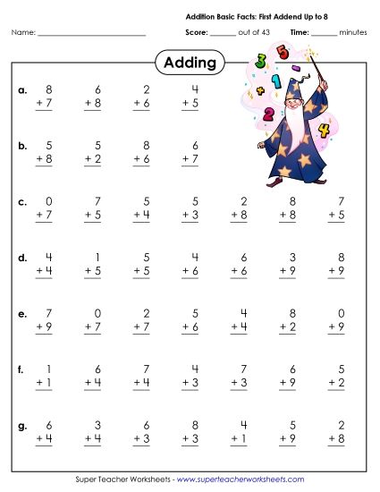 Addition Fact Drills - Addition Basic Facts (0-8) (Printable PDF Worksheet)