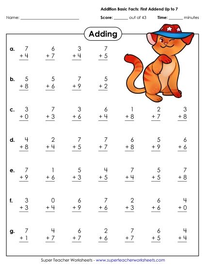 Addition Basic Facts Mad Minute Drills - Addition Basic Facts Drill (0-7) (Printable PDF Worksheet)