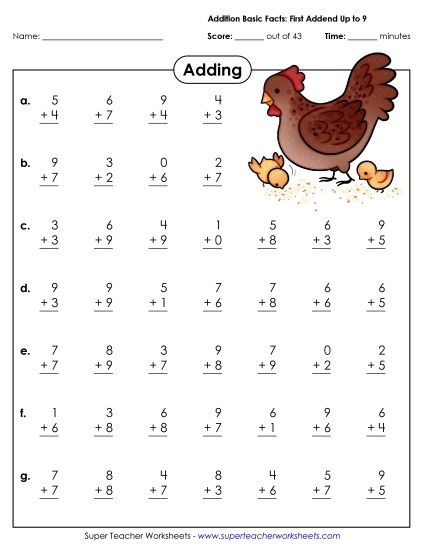 Addition Basic Facts Mad Minute Drills - Addition Basic Facts Drill (0-9) (Printable PDF Worksheet)