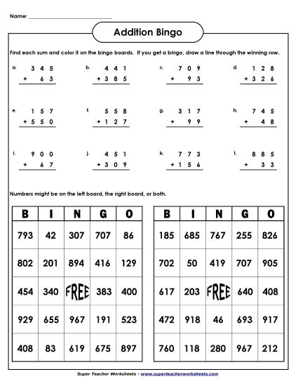 Addition (3-Digit Addends) - Addition Bingo:  3-Digit Addends (Printable PDF Worksheet)