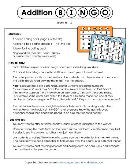 Addition Worksheets, Games, & Puzzles - Addition Bingo (Printable PDF Worksheet)