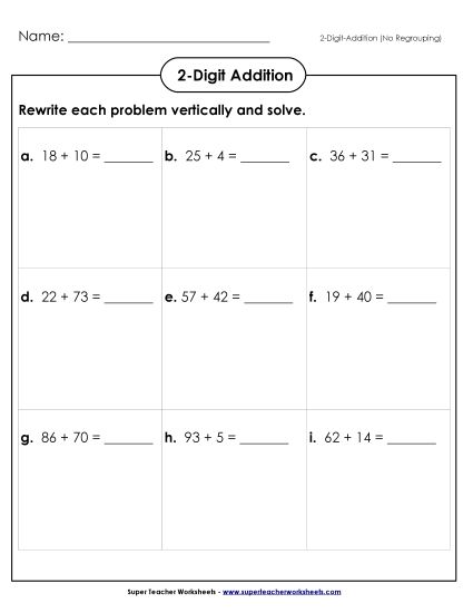 Addition (No Borrowing) - Addition Boxes: 2-Digit (No Regrouping) (Printable PDF Worksheet)