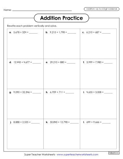 5-Digit Addition - Addition Boxes (5-Digit Addends) (Printable PDF Worksheet)