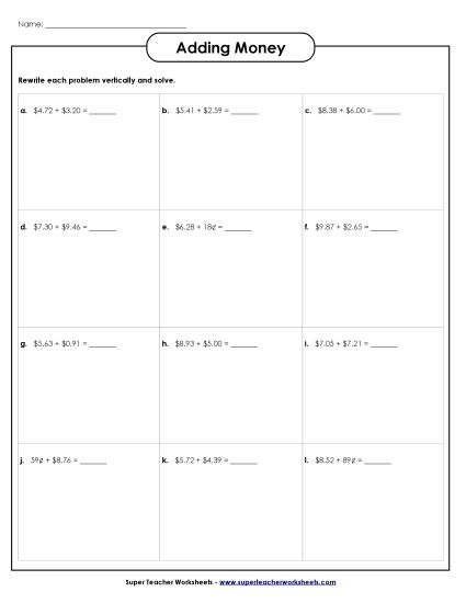 Adding Money - Addition Boxes: Money (Printable PDF Worksheet)