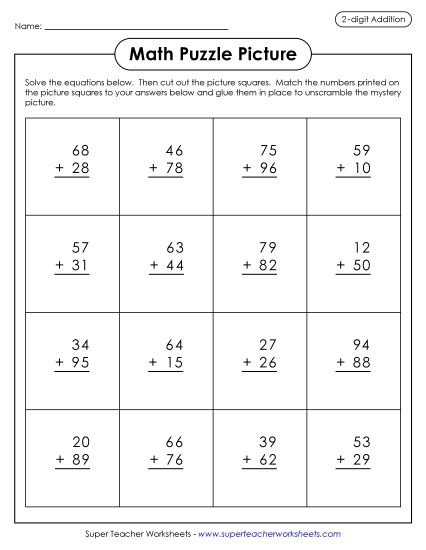 St. Pat's Addition - Addition (Carrying) - Leprechaun Picture Puzzle (Printable PDF Worksheet)