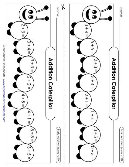 Addition Worksheets, Games, & Puzzles - Addition Caterpillar (Sums to 10) (Printable PDF Worksheet)