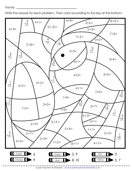 Easter Addition - Addition: Chick and Egg Mystery Picture   (Basic Facts 0-10) (Printable PDF Worksheet)