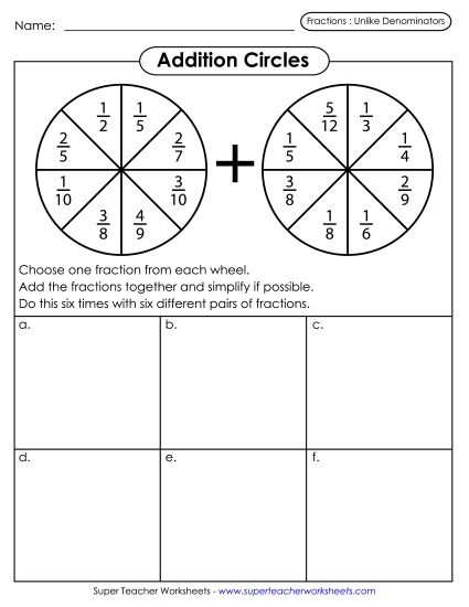 Adding Fractions: Different Denominators - Addition Circles (Fractions w/ Unlike Denominators) (Printable PDF Worksheet)