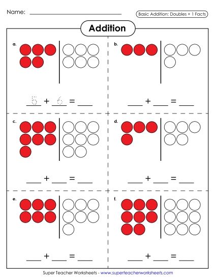 Graphical Concept Worksheets: Addition Doubles +1 - Addition Counters: Doubles +1 (Printable PDF Worksheet)