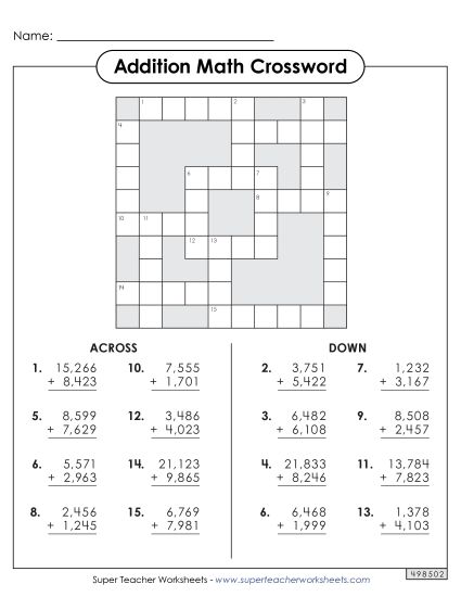 Addition - Addition Crossword (4 and 5-Digit) (Printable PDF Worksheet)