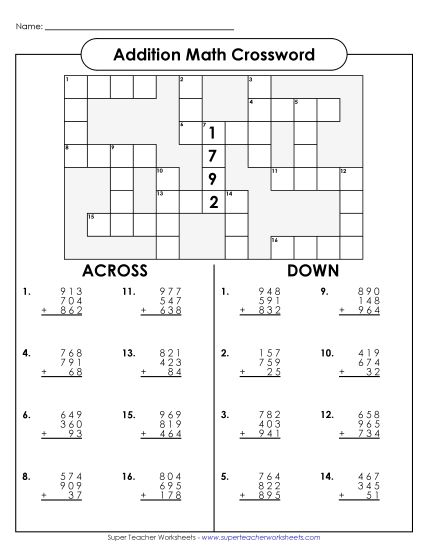 Three-Digit - Addition Crossword (Three Addends) (Printable PDF Worksheet)