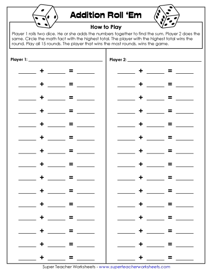 Addition Worksheets, Games, & Puzzles - Addition Dice Game for 2 Players (Printable PDF Worksheet)