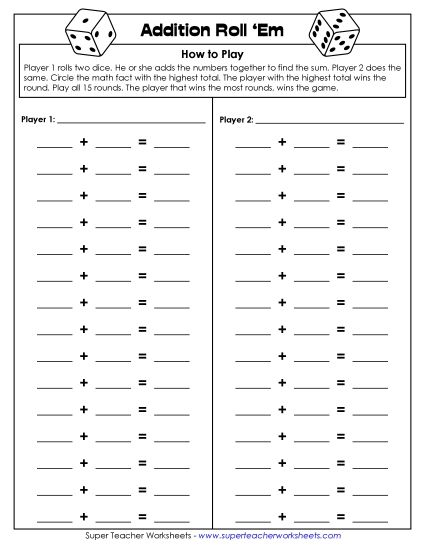 Addition Worksheets & Games - Addition Dice Game (Two Players)  (Printable PDF Worksheet)