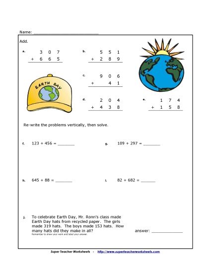 Earth Day Math - Addition - Earth Day (Printable PDF Worksheet)