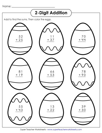 Easter Addition - Addition: Easter Eggs (2-Digit Addition) (Printable PDF Worksheet)