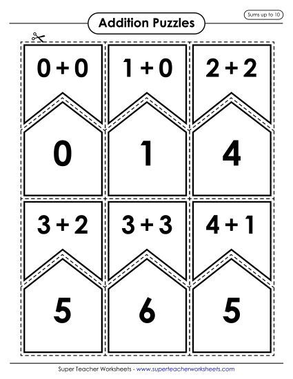 Addition Worksheets, Games, & Puzzles - Addition Matching Puzzles:  Sums to 10 (Printable PDF Worksheet)
