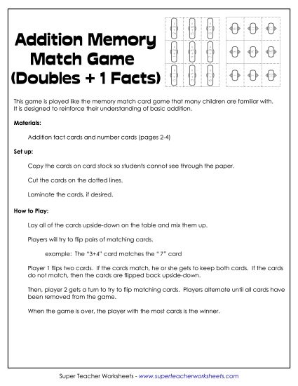 Learning Center / Math Game Addition Doubles +1 - Addition Memory Match Card Game: Doubles +1 (Printable PDF Worksheet)