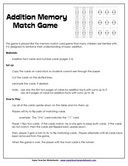 Addition Worksheets & Games - Addition Memory Match Game (Printable PDF Worksheet)