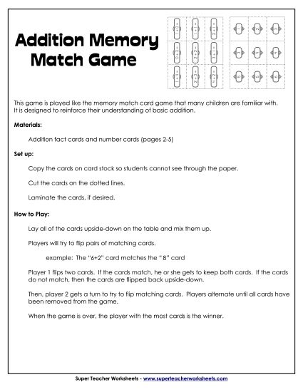 Addition Worksheets, Games, & Puzzles - Addition Memory Matching Game (Printable PDF Worksheet)