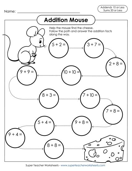 Addition Worksheets & Games - Addition Mouse (Addends to 10, Sums to 20)   (Printable PDF Worksheet)