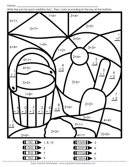 Addition Mystery Pictures - Addition Mystery Picture: Beach Scene (Printable PDF Worksheet)