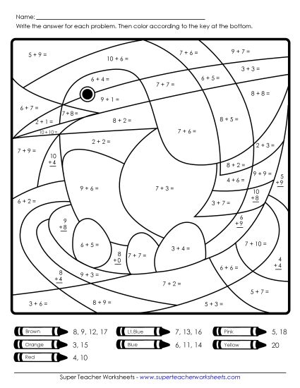 Addition Mystery Pictures - Addition Mystery Picture: Bird (Printable PDF Worksheet)