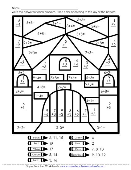 Addition Mystery Pictures - Addition Mystery Picture: Castle (Printable PDF Worksheet)
