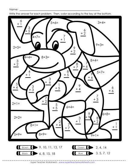 Addition Mystery Pictures - Addition Mystery Picture: Dog (Printable PDF Worksheet)