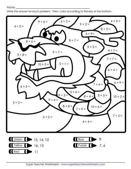 Math Mystery Pictures - Addition Mystery Picture: Dragon (Printable PDF Worksheet)
