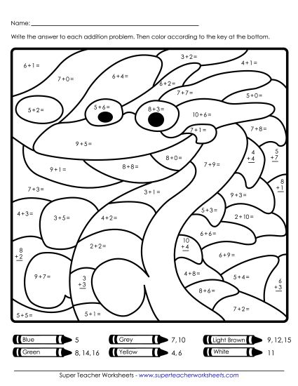 Addition Mystery Pictures - Addition Mystery Picture: Sea Monster (Printable PDF Worksheet)