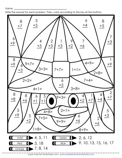 Addition - Addition Mystery Picture: Witch (Basic Addition Facts) (Printable PDF Worksheet)