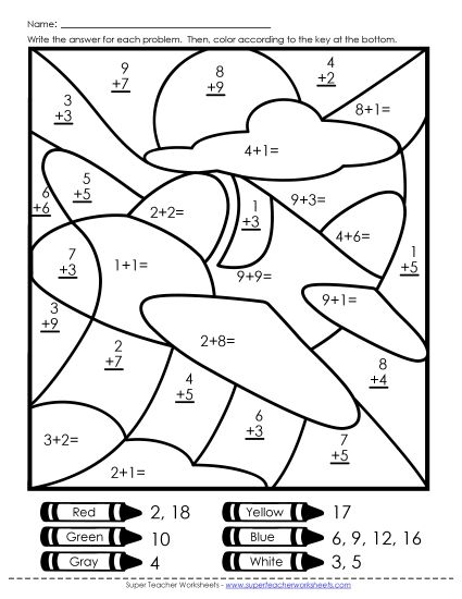 Addition Mystery Pictures - Addition Mystery Picture Worksheet: Airplane (Printable PDF Worksheet)