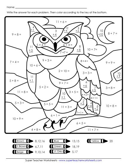 Owl Math Mystery Pictures - Addition Owl Mystery Picture (Printable PDF Worksheet)