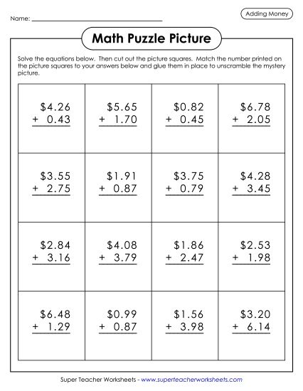 Adding Money - Addition Picture Puzzle: Hot Air Balloon (Printable PDF Worksheet)