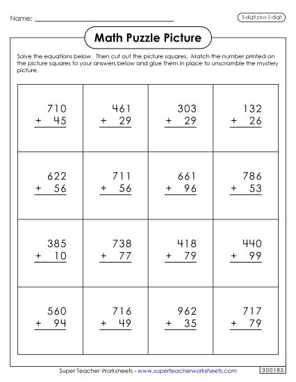 100 Days Math - Addition Puzzle Picture: 100th Day of School (3-Digit Plus 2-Digit) (Printable PDF Worksheet)