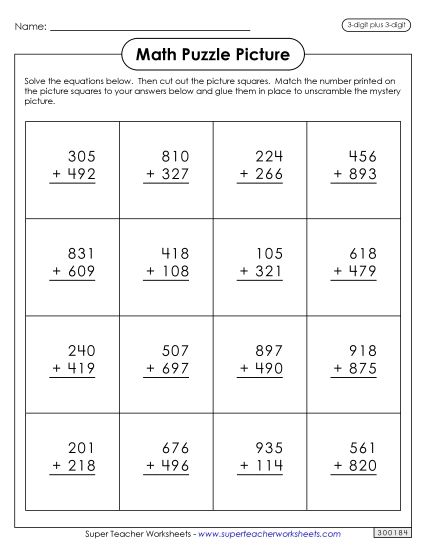 100 Days Math - Addition Puzzle Picture: 100th Day of School (3-Digit Plus 3-Digit) (Printable PDF Worksheet)