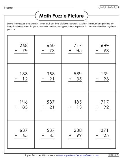 Math Puzzles - Addition Puzzle Picture: Cinco de Mayo (3-Digit Plus 2-Digit) (Printable PDF Worksheet)