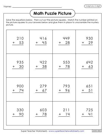 Thanksgiving Addition - Addition Puzzle Picture: Thanksgiving (3-Digit Plus 2-Digit) (Printable PDF Worksheet)