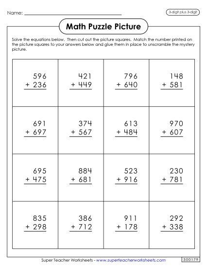 Thanksgiving Addition - Addition Puzzle Picture: Thanksgiving (3-Digit Plus 3-Digit) (Printable PDF Worksheet)