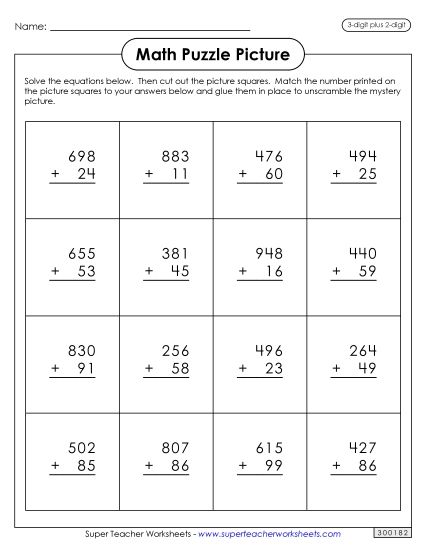 Valentine Addition - Addition Puzzle Picture: Valentine's Day (3-Digit Plus 2-Digit) (Printable PDF Worksheet)