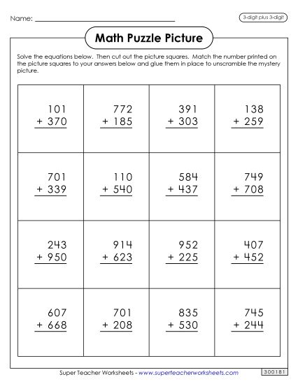 Valentine Addition - Addition Puzzle Picture: Valentine's Day (3-Digit Plus 3-Digit) (Printable PDF Worksheet)