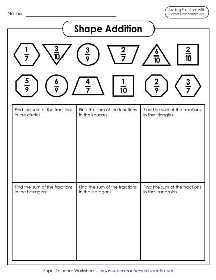 Adding Fractions: Same Denominator - Addition Shapes (Fractions; Same Denominators) (Printable PDF Worksheet)