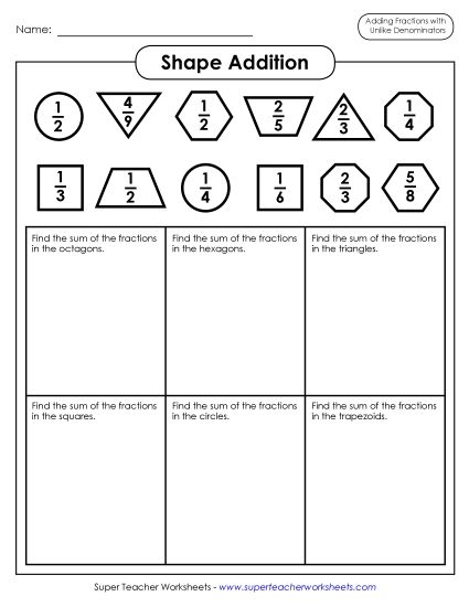 Adding Fractions: Different Denominators - Addition Shapes (Fractions; Unlike Denominators) (Printable PDF Worksheet)