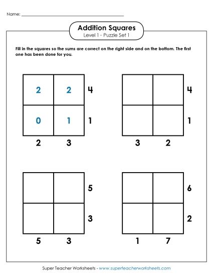 Level 1 (Easy) - Addition Squares: Level 1, Set 1 (Printable PDF Worksheet)