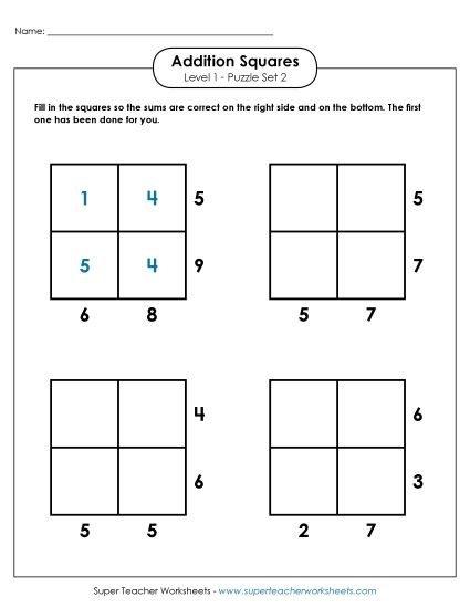 Level 1 (Easy) - Addition Squares: Level 1, Set 2 (Printable PDF Worksheet)