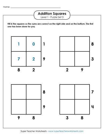 Level 1 (Easy) - Addition Squares: Level 1, Set 3 (Printable PDF Worksheet)