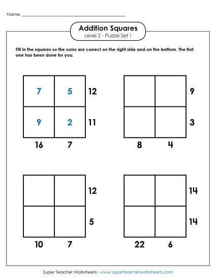 Level 2 (Intermediate) - Addition Squares: Level 2, Set 1 (Printable PDF Worksheet)
